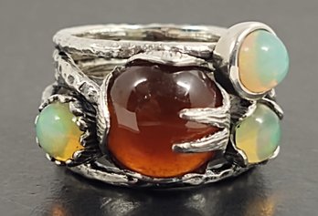 AMAZING VINTAGE SIGNED ARTISAN BRUTALIST STERLING SILVER OPAL & CARNELIAN RING