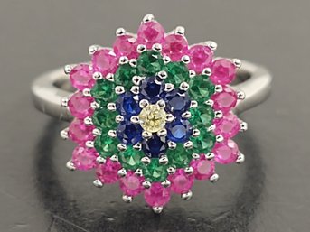 STUNNING STERLING SILVER MULTI GEMSTONE CLUSTER RING