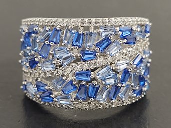 WIDE STERLING SILVER ABSTRACT TOPAZ & BLUE SAPPHIRE RING