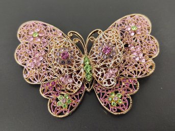 LARGE VINTAGE GOLD TONE RHIENSTONE BUTTERFLY BROOCH