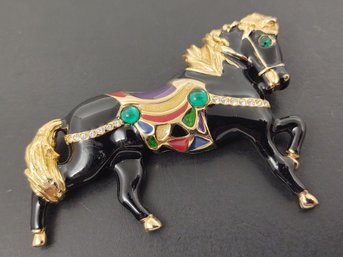 VINTAGE ENAMEL & GLASS RHINESTONE CABOCHON HORSE BROOCH