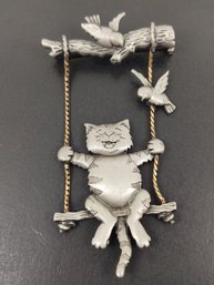 VINTGE DESIGNER JJ CAT ON A SWING W/ BIRDS BROOCH