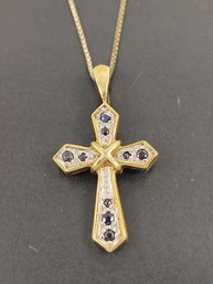 GOLD OVER STERLING SILVER BLUE SAPPHIRE CROSS NECKLACE