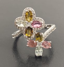 BEAUTIFUL STERLING SILVER MULTI COLORED TOURMALINE WHITE TOPAZ FLOWER RING