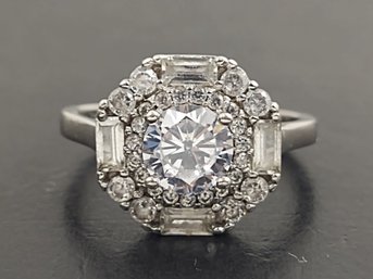 STUNNING ART DECO STYLE STERLING SILVER CZ ENGAGEMENT RING