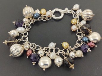 BEAUTIFUL HEAVY STERLING SILVER MULTI STONE PEARL BEADED CHARM BRACELET