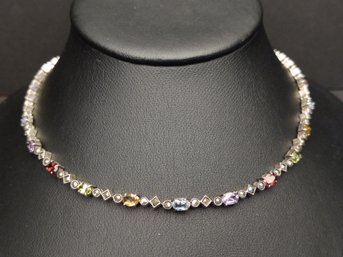 VINTAGE STERLING SILVER MULTI GEMSTONE & MARCASITE NECKLACE