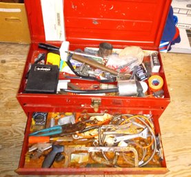 Great Useful Vintage Three Drawer Mechanics Tool Chest With Large Assortment Of Tools  John B/ Under Table 1