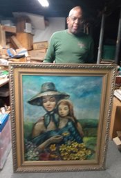 LARGE Beautiful Vintage Oil On Canvas Painting - Woman & Child Picking Flowers   KAT N/ CAV