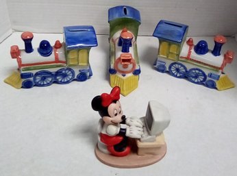 Disney's Minnie Mouse Porcelain Statuette With Computer & 3 Matching Ceramic Locomotive Banks JohB/A3