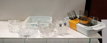 Beautiful Pair Of White Glazed Baking Pans And Four Hi-ball Glasses Pyrex Baking Pan, Berry Bowls John B/ D2