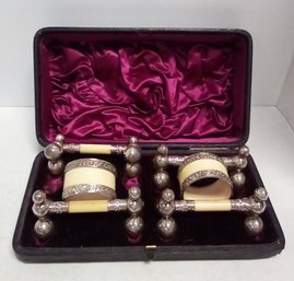 Antique Victorian Silver Plated & Bone Set Of 4 Knife Rests & 2 Napkin Rings By Elington & Co., Ca. 1880 MB/A4