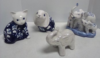 Ceramic Statues - Elephant Trio, Single Elephant & Gallo Design Camelia Handpainted Cat & Rabbit JohB/B4