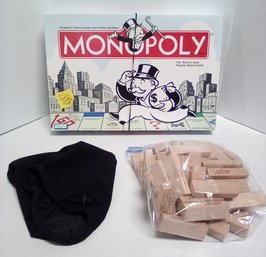 2004 Monopoly & Jenga Games, Along With Cloth Drawstring Bag For Storage  CWW/B5