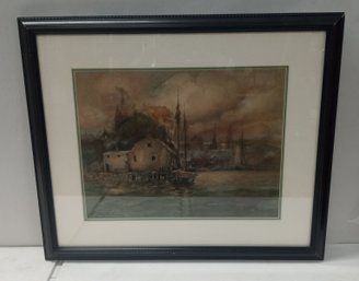 Beautiful Vintage Framed Print Of A Sailboat Docked Signed By The Artist Double Matted RC / WAB