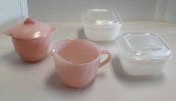 Fire King Ovenware-pink Swirl Lidded Sugar Bowl & Creamer  2 Milk Glass Lidded Refrigerator Dishes MB/JC/D3