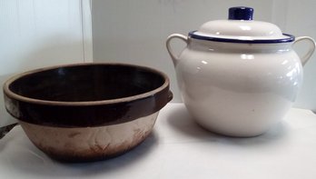 1930s Cook-Rite Brown & Tan Stoneware 10' Bowl  White & Blue Cookie Jar With Handles BarBu/52/E3
