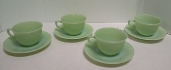 4 Vintage Fire King Jadeite Jane Ray Cups & Saucers (Ribbed) Mid Century Modern MB/A4