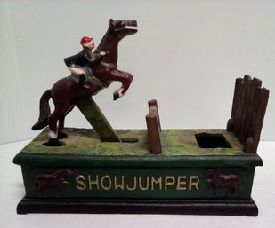 Equestrian Jumper Cast Iron Coin Bank Antique Replica With Hand Painted Accents  KF/C3