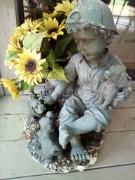 Adorable Resin Garden Statue & Planter - Young Boy With 3 Puppies & Faux Sunflowers