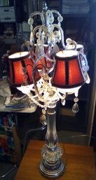 Dramatic Lamp With Lucite Type Stand, Silvertone Wood, Metal, Crystals & 4 Lights & Elegant Fabric Shades