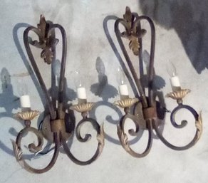 Pair Of Large Vintage Metal Sconces, Each With 2 Light Fixtures