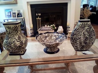 Trio Of Lovely Leaf Patterned Ceramic Vessels - Ruffle Edged Bowl & 2 Vases