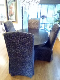 Dark Stained Wood Dining Table With 1 Leaf & 4 Upholstered Chairs