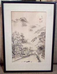 Asian Framed & Linen Matted Picture Of A Village - Silk Screened On Textured Paper