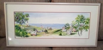 Large Matted & Framed Watercolor Of Town By The Sea, Signed By D. E. Wall