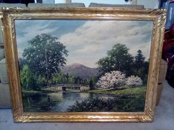 Vintage Large Landscape Oil Painting On Canvas Signed By Artist Harry H Howe In Decorative Gold Colored Frame