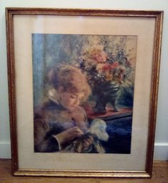 Lovely Impressionist Style August Renoir Print - Young Woman Sewing - With Flower Display In Background