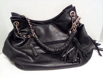 Big Buddha Black Leathery Handled Snake Pattern Fabric Lined Ladies Handbag