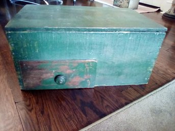 Antique Painted Green Wood Box With Lid, Drawer & 2 Ring Handles