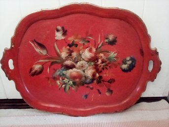 Vintage Wooden Hand Painted Floral Design Signed Tole Tray