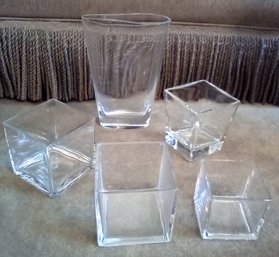 Five Clear Glass Vases -tall One By Krosno From Poland & 3 Square Style Vases