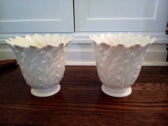 Pair Of  Wide Lenox Vases With Raised Leaf Pattern