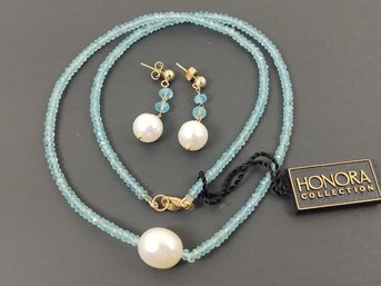 VINTAGE HONORA COLLECTION 14K GOLD AQUAMARINE & PEARL NECKLACE / EARRINGS SET