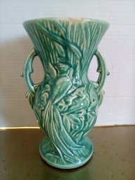 Beautiful Vintage McCoy 8 Inch High Ceramic Handled Vase With Bird & Botanical Design