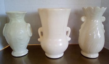 3 Ivory Colored Vintage Ceramic Vases - 1 From Weller Pottery & 2 Marked USA