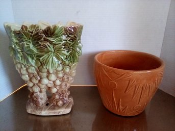 Beautiful McCoy Vintage Grapevine Vase & Unmarked Art Deco Style Orange Ceramic Planter