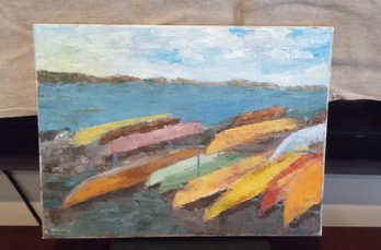 Nice Oil On Canvas Vintage Painting Of Canoes By The Water. 212/WA-B