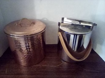 Two Vintage Ice Buckets - One In Copper, ODI 7 & Another In Chrome With Leather Handle & Tongs