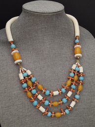 VINTAGE DESIGNER MIRIAM HASKELL FAUX TURQUOISE, CORAL, & AMBER HEISHI NECKLACE