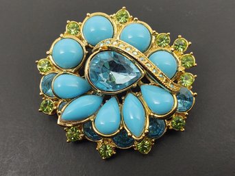 VINTAGE FAUX TURQUOISE & RHINESTONE BROOCH