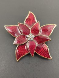 VINTAGE ENAMEL & RHINESTONE CHRISTMAS POINSETTIA FLOWER BROOCH