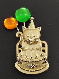 VINTAGE SIGNED AJC KITTEN BLOWING OUT BIRTHDAY CAKE CANDLES BROOCH