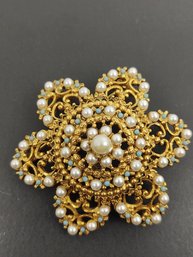 VINTAGE SIGNED FLORENZA FAUX PEARL & TURQUOISE BROOCH