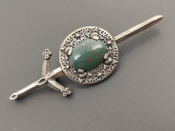 VINTAGE SIGNED MIRACLE SWORD & SHIELD FAUX BLOODSTONE BROOCH