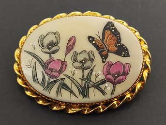 VINTAGE ETCHED FLOWERS & BUTTERFLY BROOCH